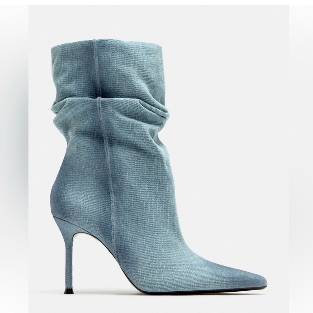 ZARA Denim Mid Shaft Pointed Toe Stiletto Blue Boots Size 7.5 NEW